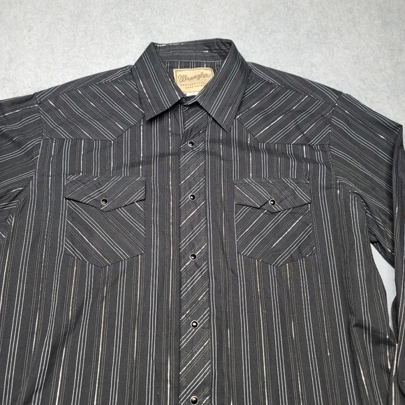 Wrangler Men's Western Pearl Snap Shirt Size Large Black Striped - Picture 2 of 9